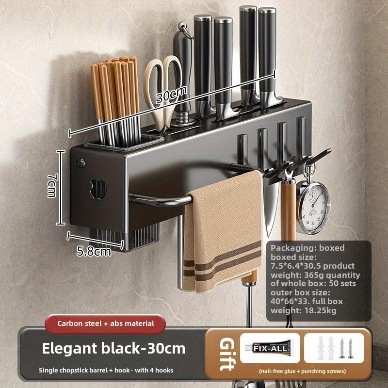Stainless steel wall mounted tool holder without drilling, multifunctional kitchen storage rack with integrated chopstick cage.