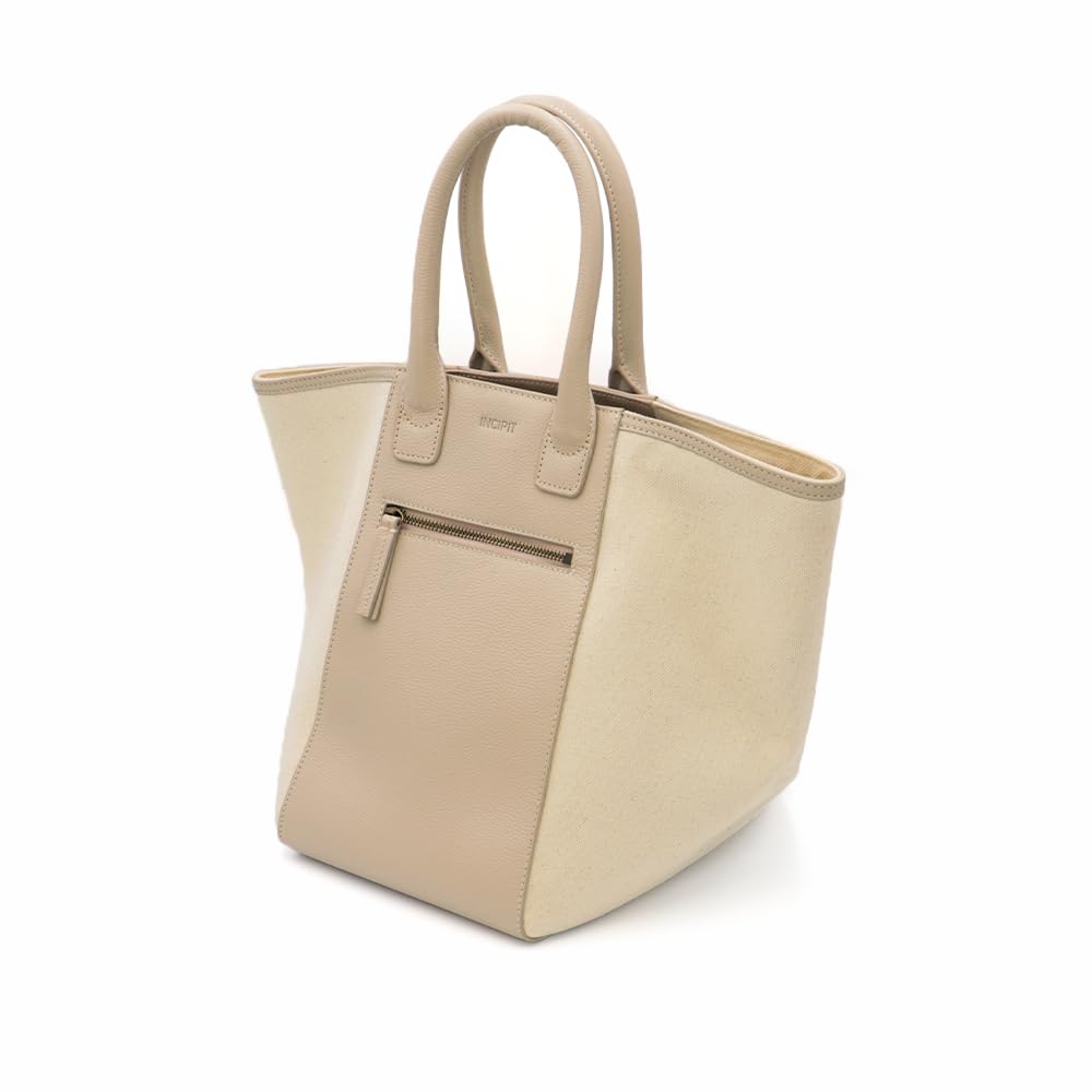Swing Plus Leather Tote Genuine [SWINGPLUS] Bag, Handbag, Leather, Cotton, Canvas, Black, Ivory, Combination, M, L, Women's (Ivory, M)