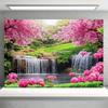 2D-vlak met een roze bloementuin, groen gazon en waterval. Geschikt voor binnen- en buitenactiviteiten. Polyestervezel.