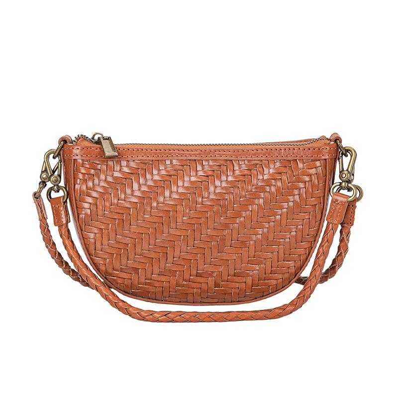 Mini Woven Genuine Leather Crossbody Bag Women Vintage Style Shoulder With Phone Pocket