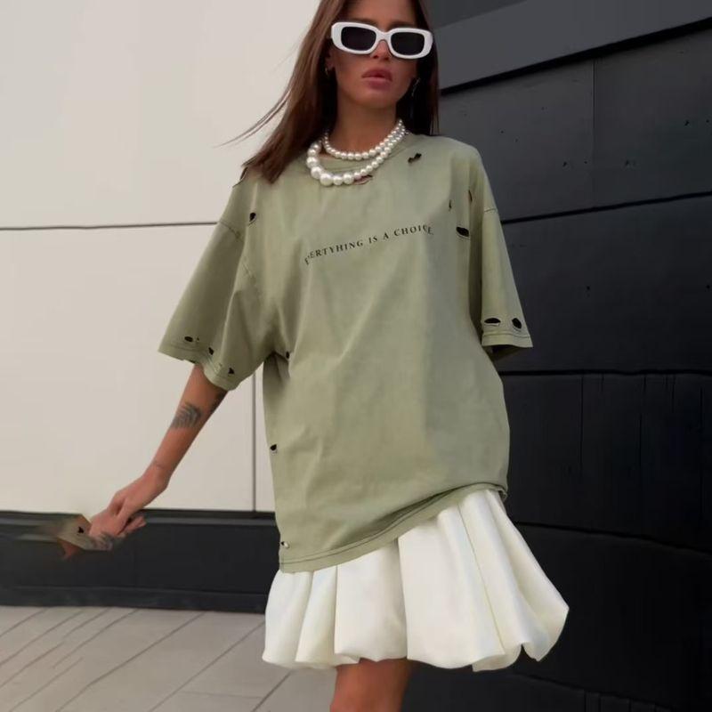 Western Style Loose Letters Print Distressed Hole T-shirt Top Broken Hole Printed T-shirt