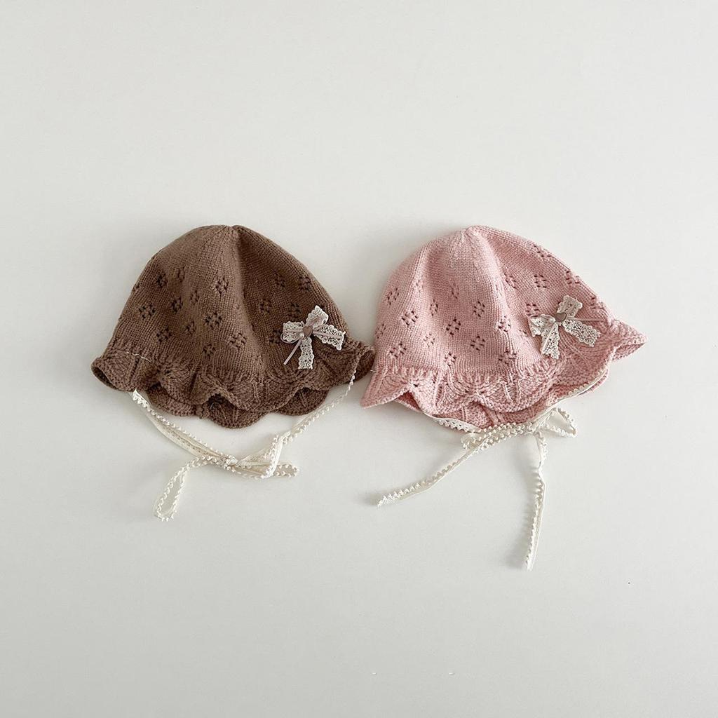 Knitted Woolen Warm Basin Cap for Baby Girls Solid Color Ruffle Brim Fisherman Hats Crochet Lace Princess Bow Crochet Basin Hat