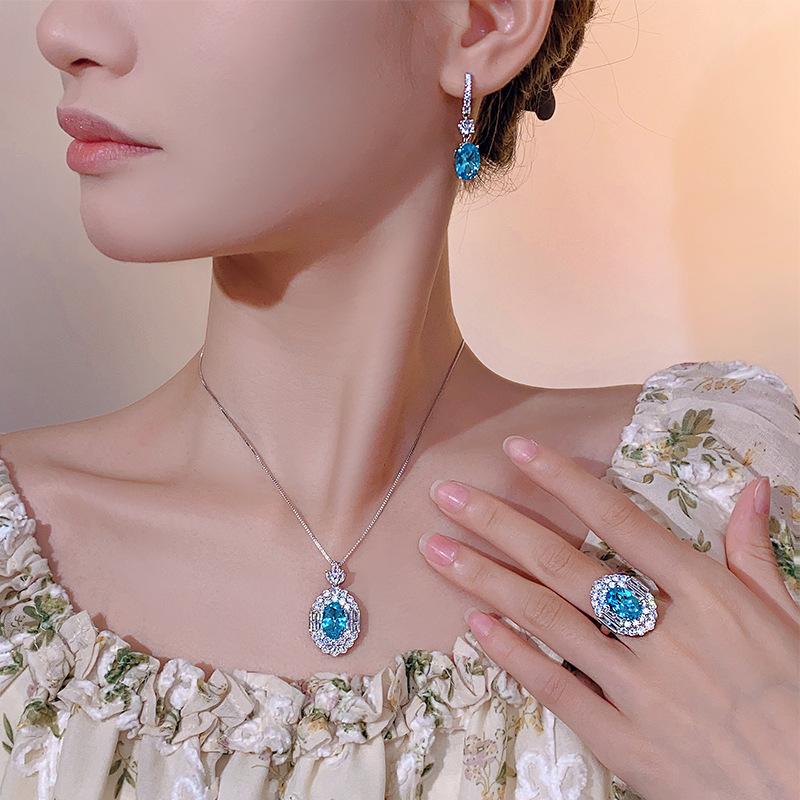Jewelry Copper Bottom Gold-Plated Simulation Aquamarine Set Retro Creative Jewelry Set Main Stone 8 * 12