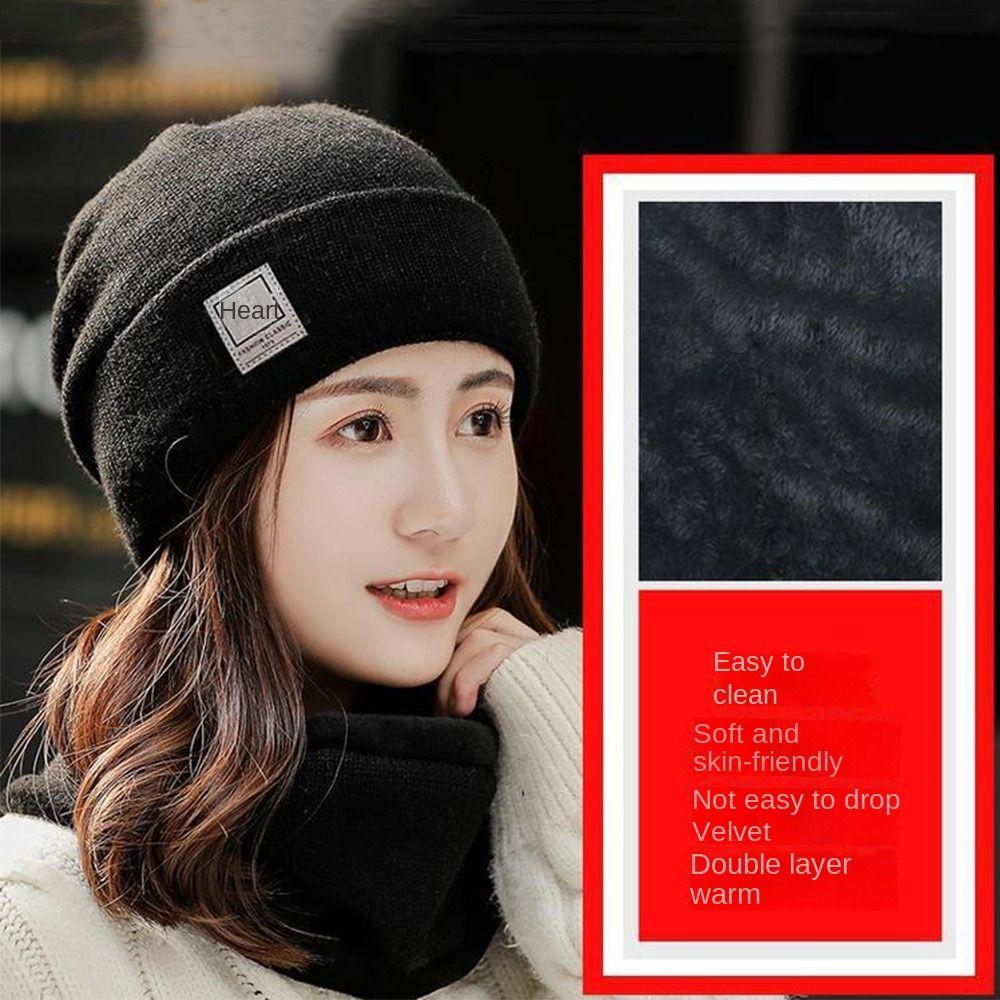 Thicken Plus Velvet Scarf Warm Knit Hat Cold-proof Neck Cover Solid Color Beanies Caps  Mens Womens