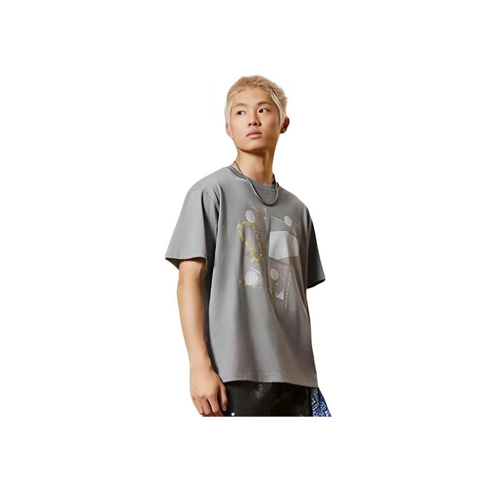 Li Ning Badfive Graphic Print Round Neck Pullover T-Shirt Unisex T-Shirts Iron-Grey AHSSB03-3