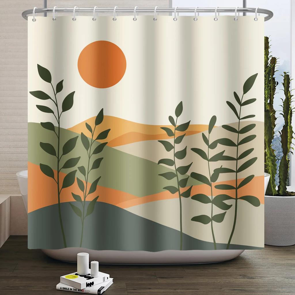Nordic Style Shower Curtain Geometric Pattern Morandi Block Plant Leaves Home Bathroom Decoration Hanging Bath Curtain 12 Hooks