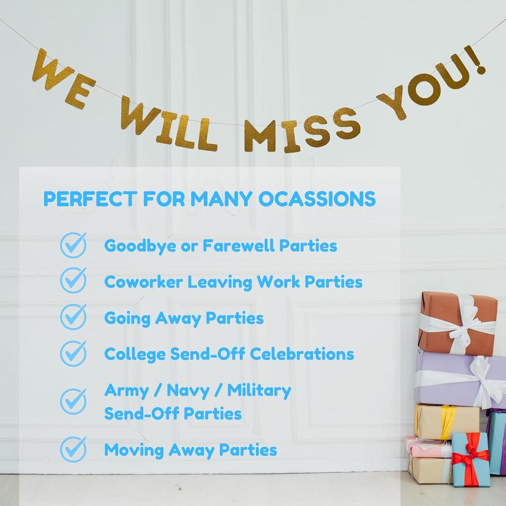 We Will Miss You Banner, Farewell Party Decoration, Perfect Pre-Strung Glitter Gold Sign for Going Away, Retirement, Coworker Leaving, or Goodbyes, 7