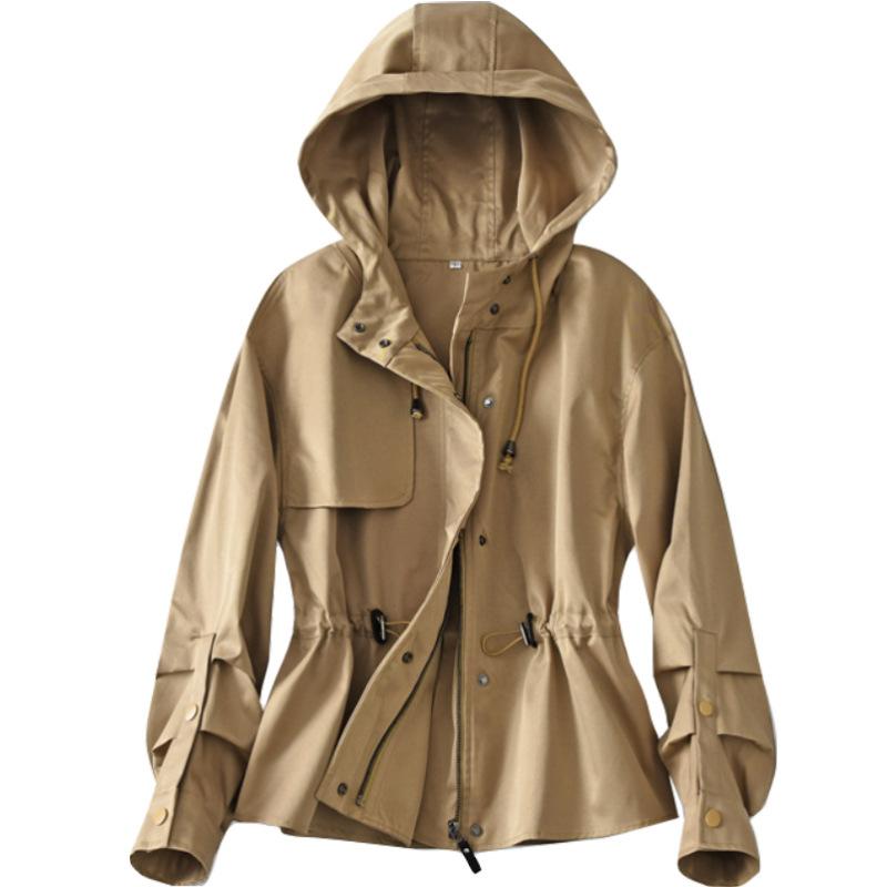 

Дизайнерский тренч с капюшоном женский, весенне-осенний женский, короткий маленький хаки весенне-осеннее пальто женская одежда L хаки