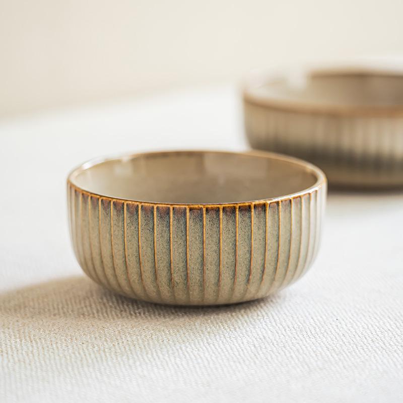 Embossed Vertical Rice Bowl Kiln-Changed Ceramic Bowl Household Salad Bowl Noodle Bowl Round Small Bowl Minimalist Tableware