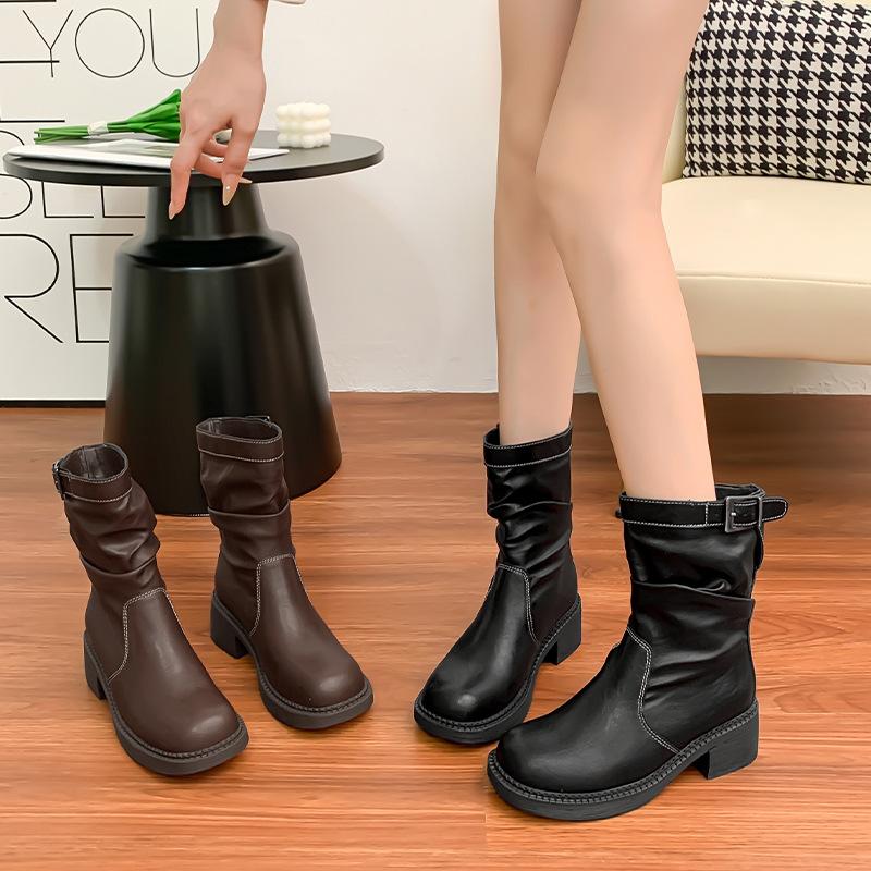 Korean version of knight boots women's belt buckle pleated piled boots comfortable soft sole not tired feet British style thick-soled Martin boots