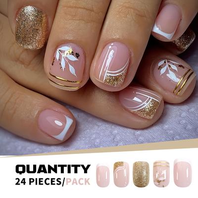 24-Piece Glitter Golden French Manicure Nail Set, Short Square Faux Nails With Leaf & Wave Line Accents, Includes Jelly Glue & Nail File