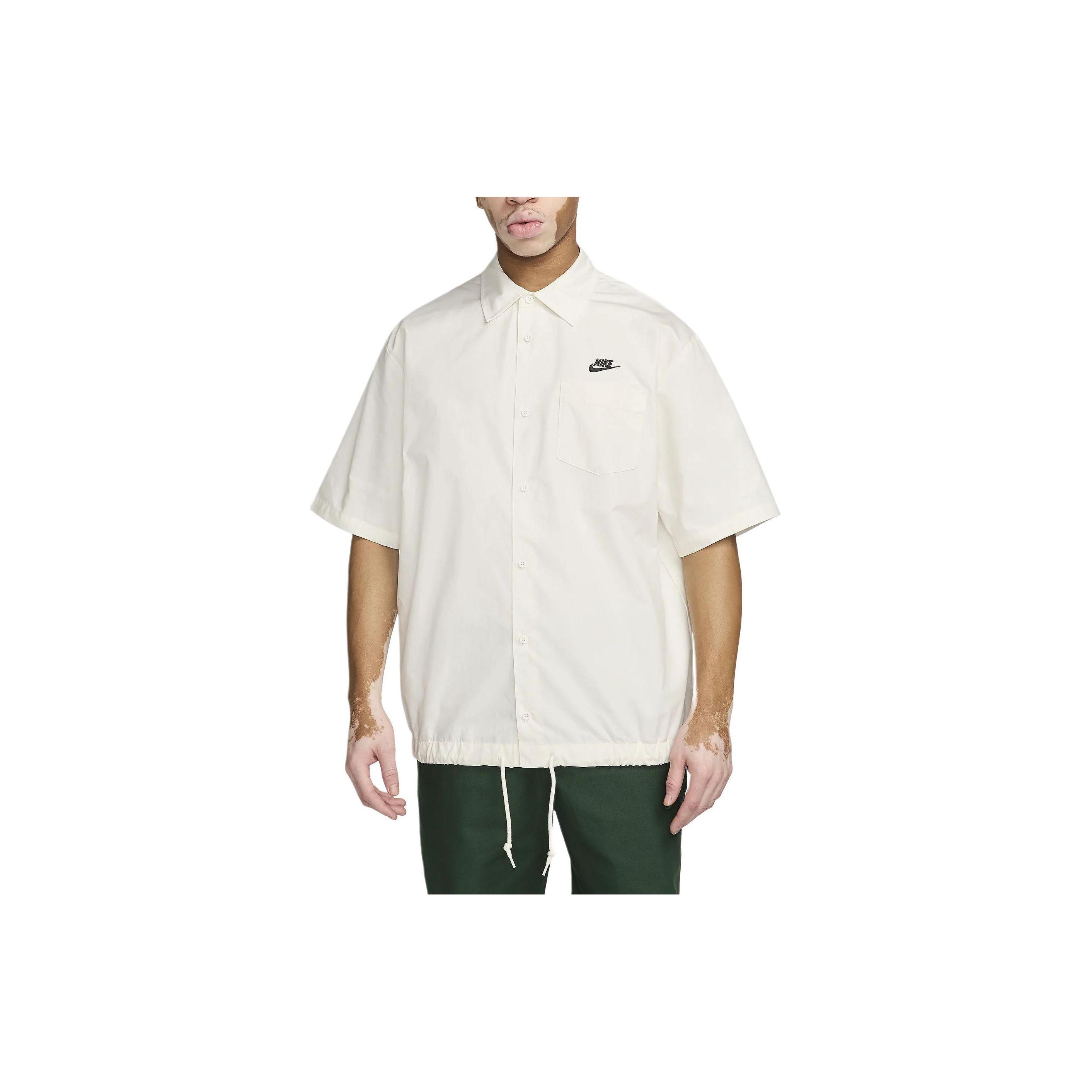 

Nike Logo Pattern Point Collar Однобортная свободная рубашка с короткими рукавами и завязками на подоле Мужские топы Белые FN3902-133