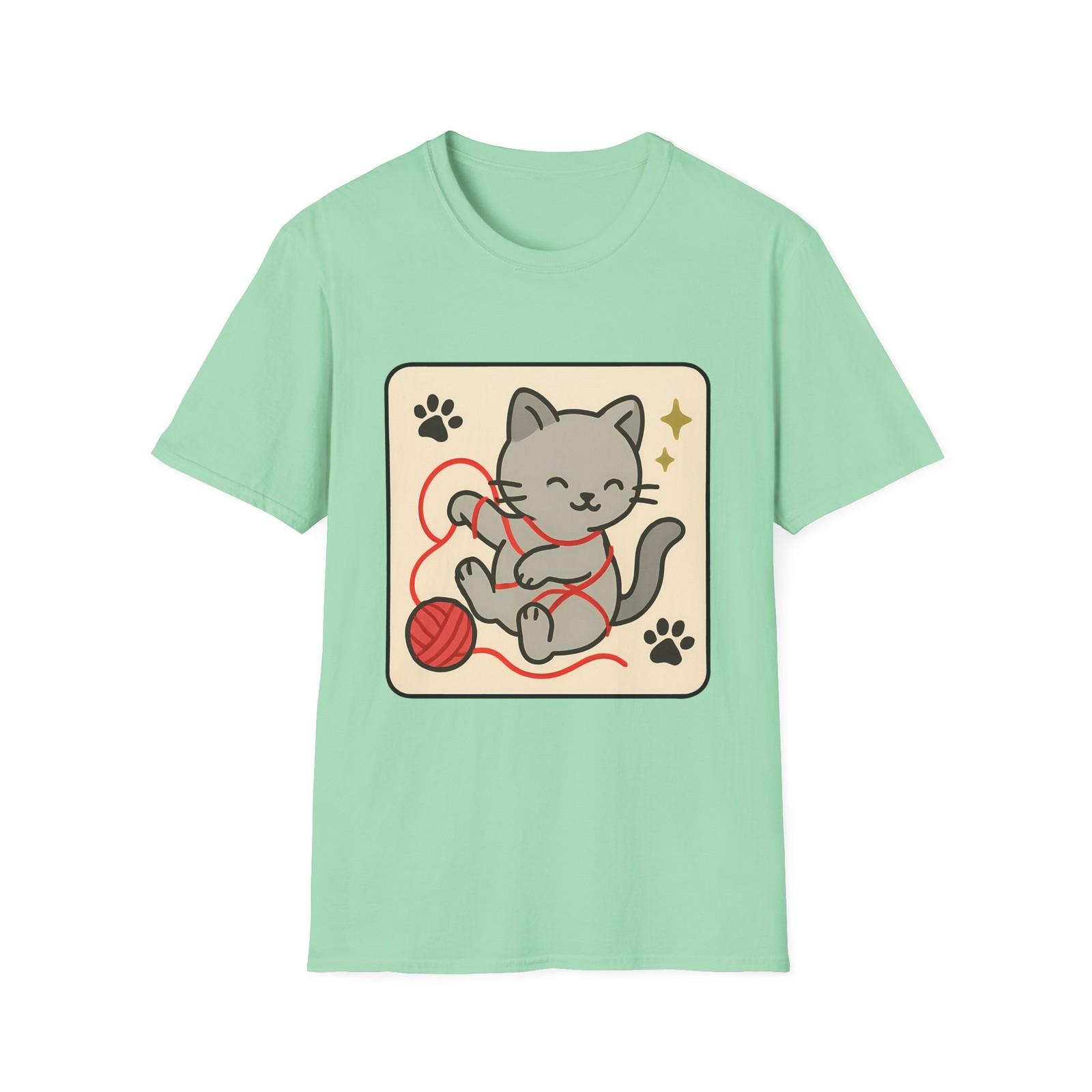 Unisex Softstyle Cute Cat and Yarn T-Shirt Mens Womens Tees Top | Whimsical Playful Kitty XL