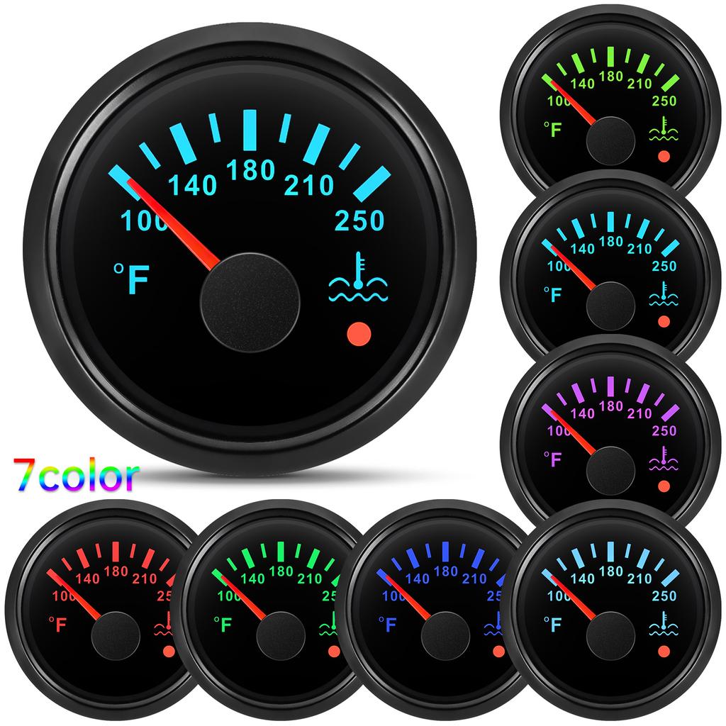 HD 52mm Digital Car Gauge Water Temperature Meter 100-250℉ 7Colors Backlight Automotive Water Temperature Indicator Black Shell