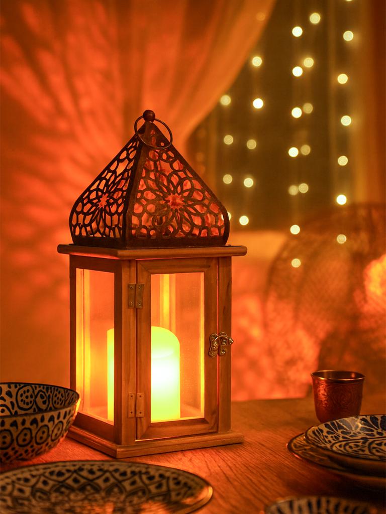 Boho Wooden & Metal Candle Holder Islamic Floral Pattern Lamp Retro Candle Lamp Festive Home Decor Lantern for Ramadan&Eid Gifts