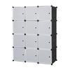 12 Cube Organizer Stackable Plastic Cube Storage Shelves Design Multifunctional Modular Closet Cabinet with Hanging Rod White Doors and Black Panels