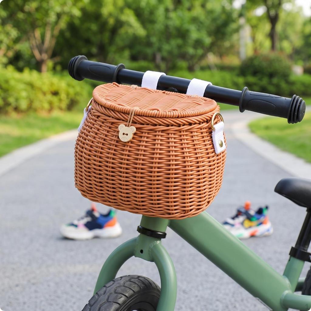 Detachable Front Bike Basket with Lid Multipurpose, Woven Lid, for Balance Bikes Brown