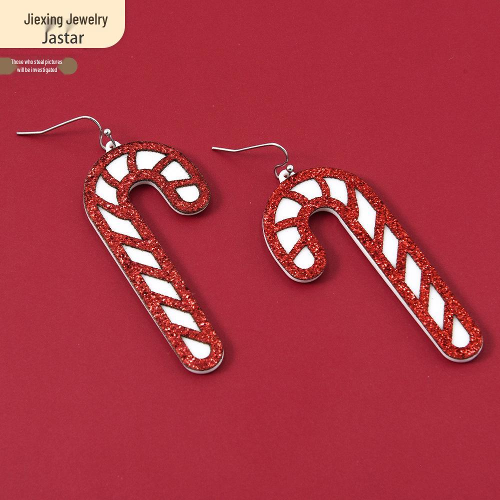 Red Acrylic Candy Cane Earrings - Simple Geometric Christmas Decorations for Women