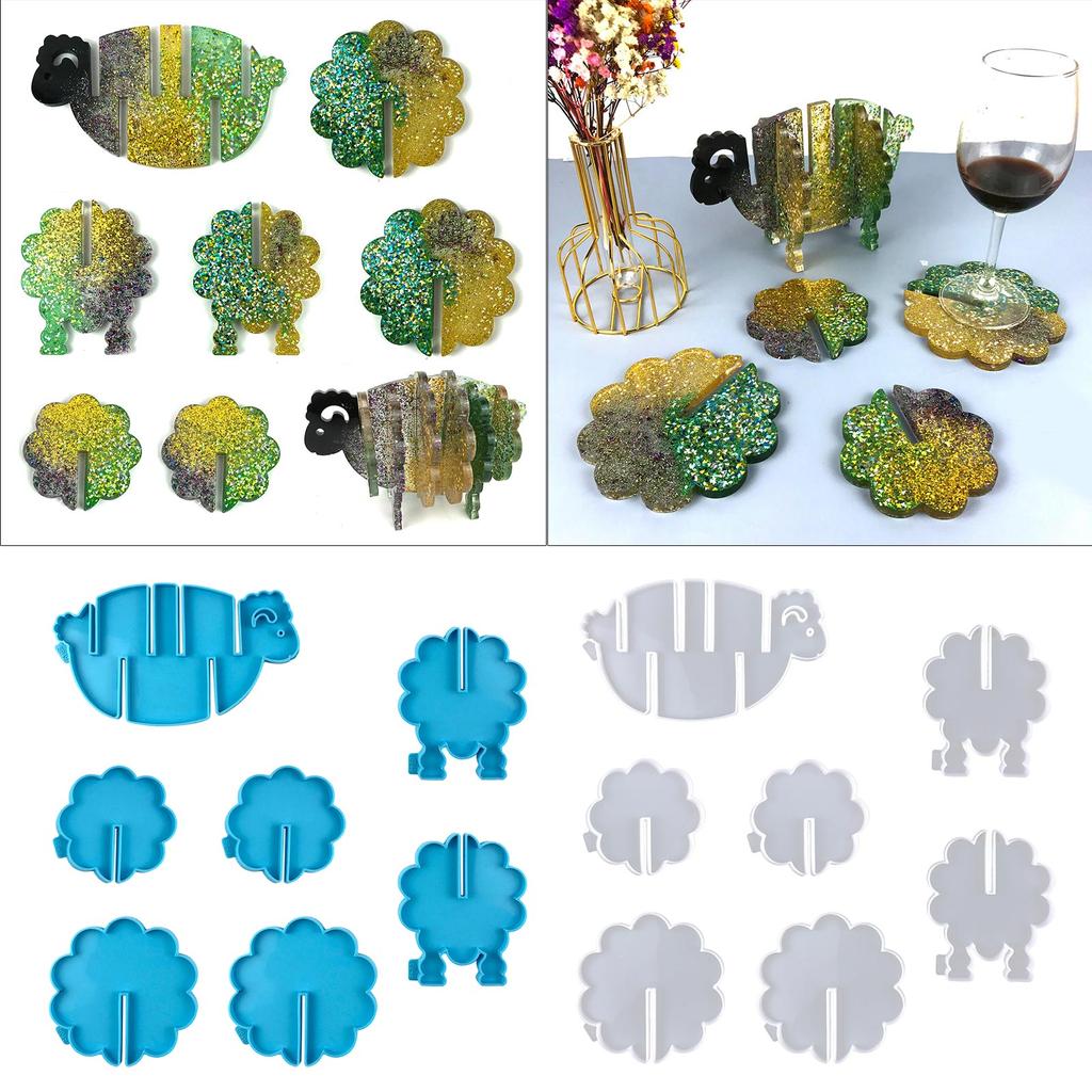 1 Set Animal Sheep Coaster with Storage Rack UV Crystal Epoxy Mold Cup Mat Pad Resin Silicone Mould DIY Crafts Mold
