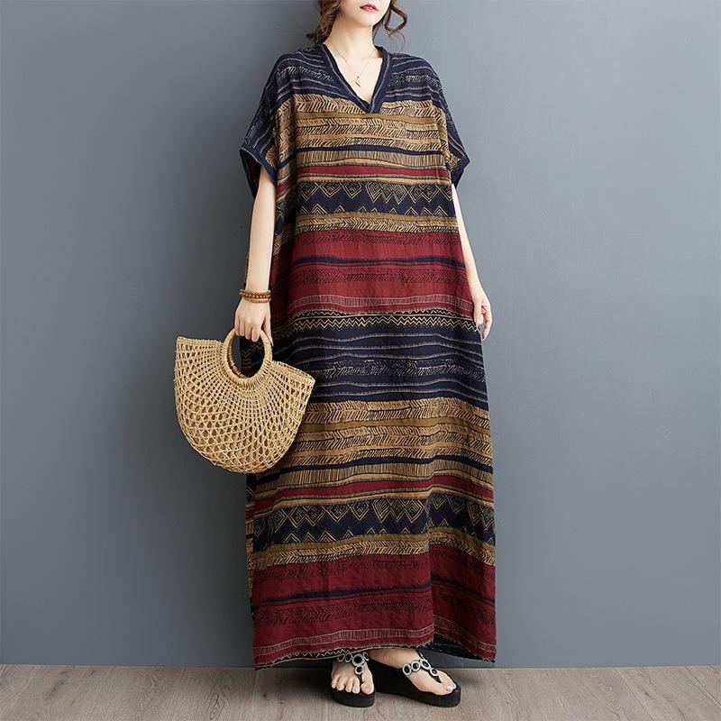 Real summer new thin cotton and linen V-neck literary loose large size simple holiday style long dress women