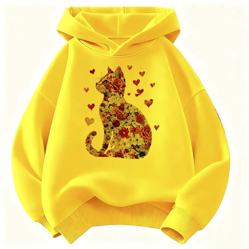 Lover Cat with Flower Deisgn Hooded Kids Children's Sweatshirt Cute Hoody for Boys Girls Autumn Winter Casual Hoodies