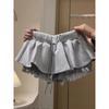 Plus Size Korean-Style A-Line Grey Fluffy Skirt with Elastic High Waist and Lace-Up Design for Women