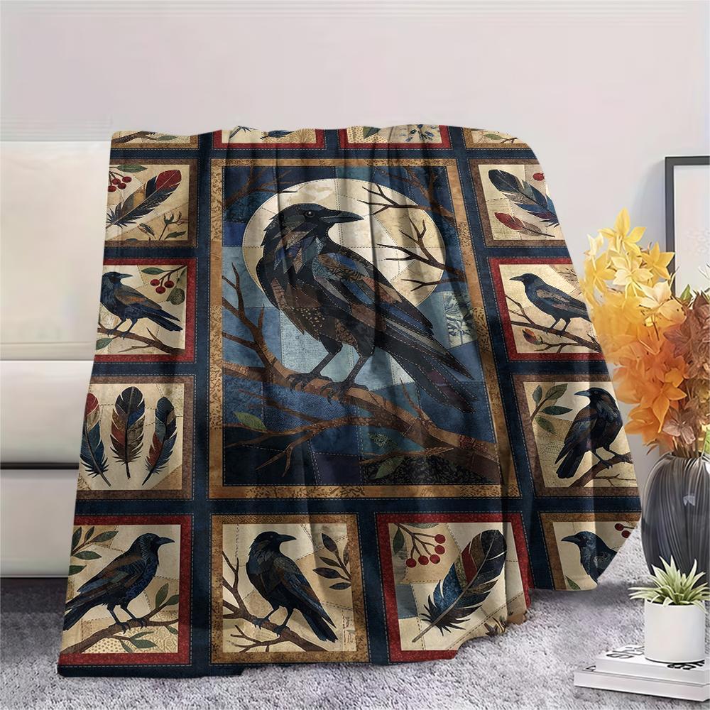 Crow Print Flannel Blanket, High quality Comfortable for All Seasons, Home Decor, Warmth and Comfort, Perfect for Christmas Gifts47
