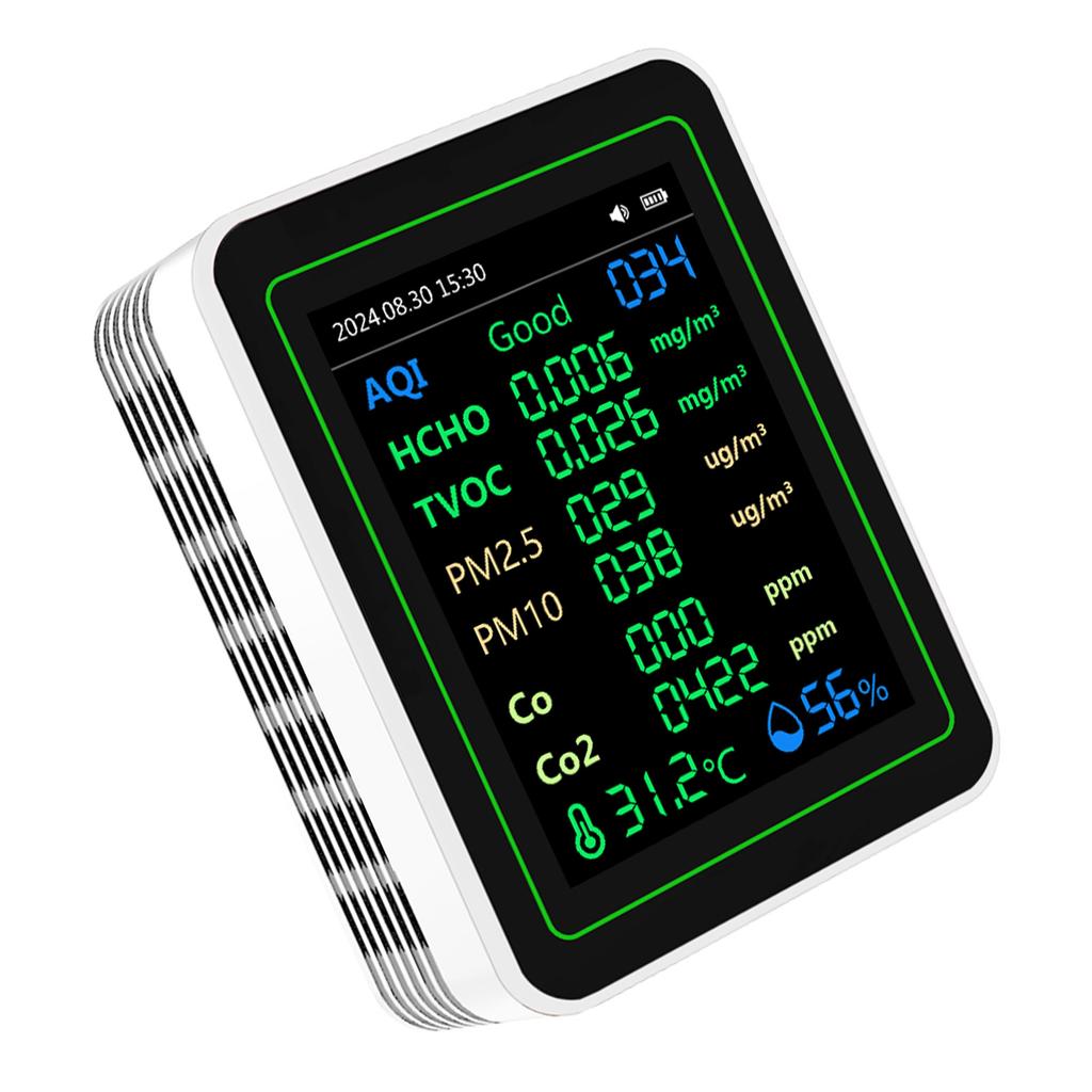 Air Quality Tester CO2 HCHO TVOC PM2.5 PM10 Temperature Humidity Sensor TFT Screen Air Quality Detector White