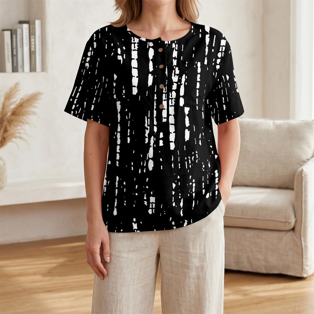 Women’s Casual Printed Henley Button Neck Short Sleeve Cotton Linen Shirt with Chest Pocket and Relaxed Fit for Everyday Wear