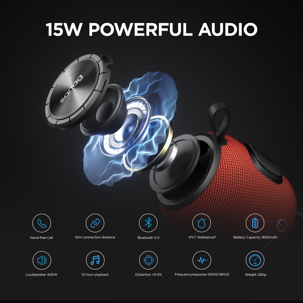 Sanag M7 Portable Bluetooth Dual Wireless Mini 360 HD Surround Sound Rich Stereo IP67 for and Red Speaker, 5.0 Pairing, Speaker, & Bass, 24-Hour