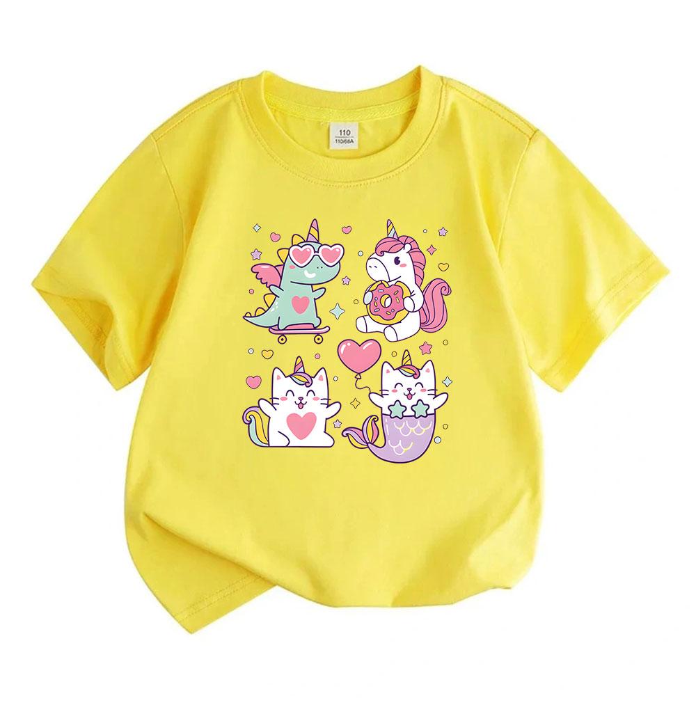 Kids Boys Girls 100% Cotton Crew Neck Short Sleeve T-Shirt, Cute Cartoon Dinosaur Unicorn Cat Mermaid Print Casual Soft Tee for Children Daily Wear