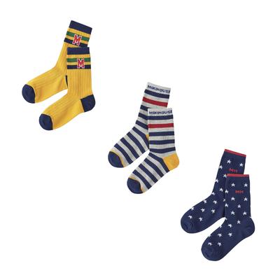 MIKI HOUSE Sock Crew Length Socks for Boys and Sizes Product Number Pack, 3-Pair Girls, Baby, Kids, School, 17-19cm, Blue, 14-9657-493