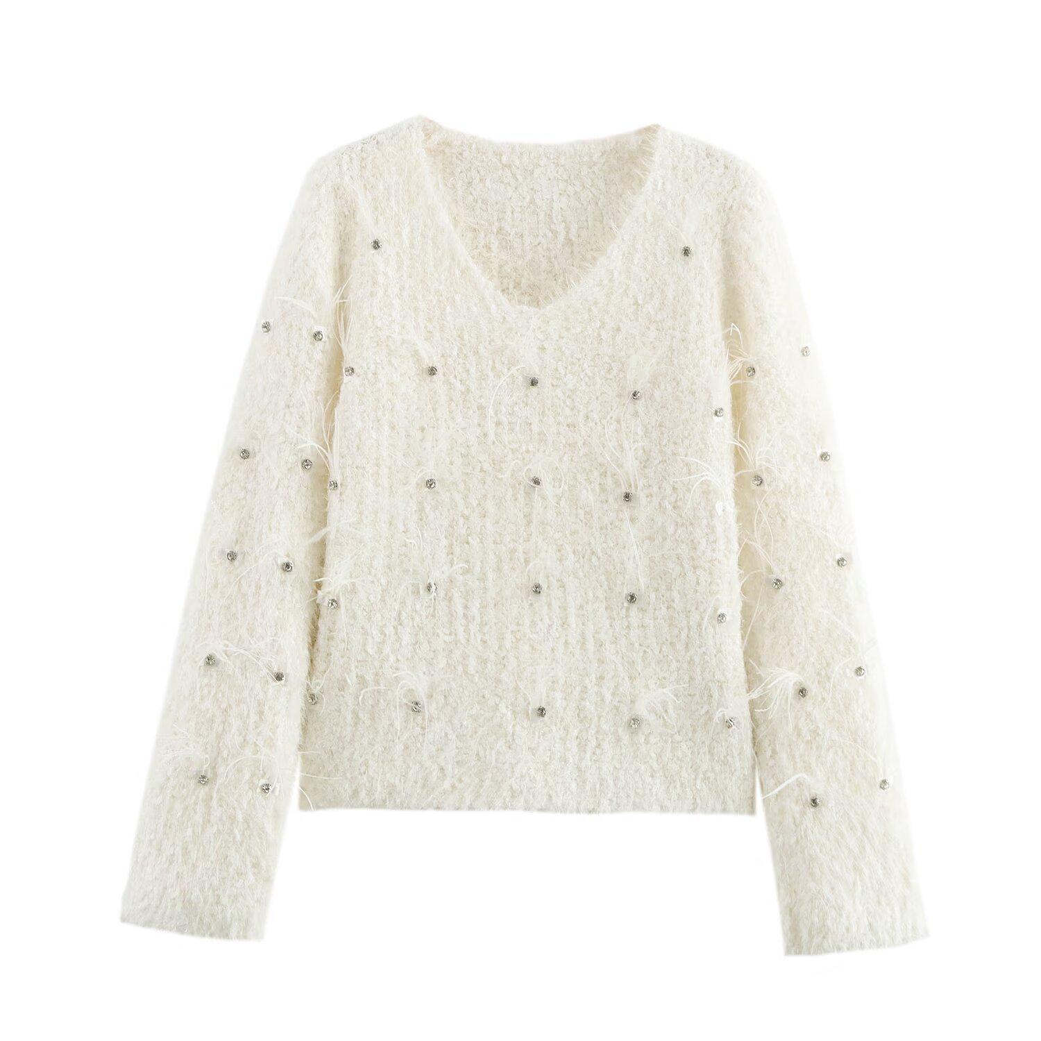 

Зимний женский пуловер из пушистого трикотажа с V-образным вырезом и стразами, 2024 One Size грязно-белый