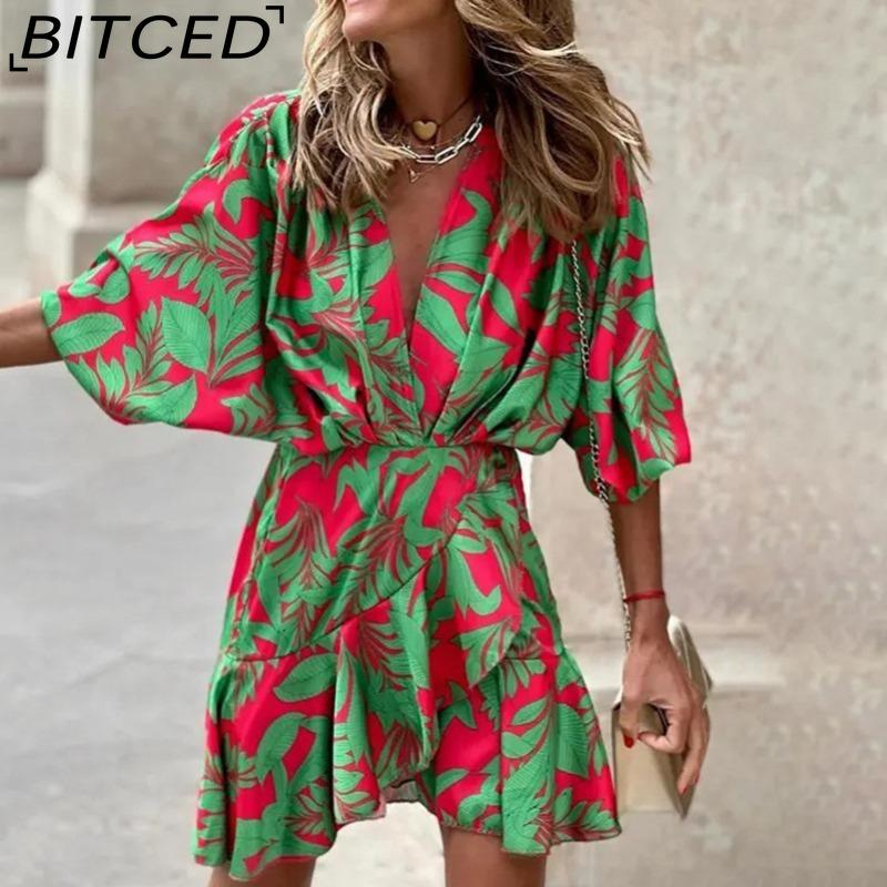 BITCED Women's Fashion Summer Spring Solid Color Print 3/4 Sleeves V-Neck High Waist Casual Dresses