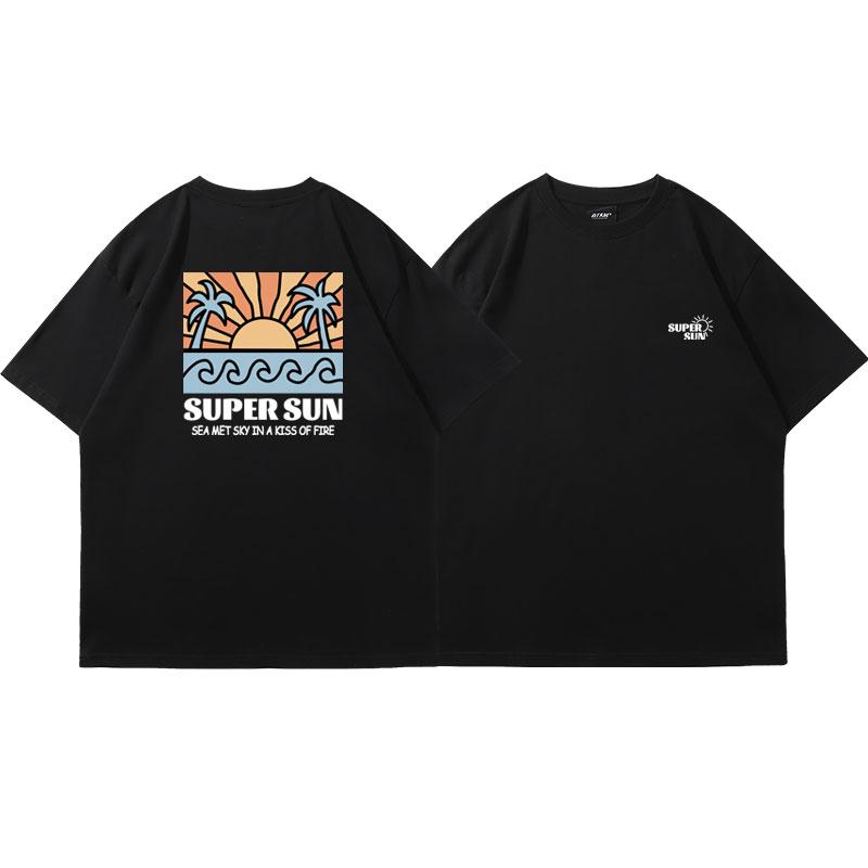 

Product Design Retro Super Sun Printing Short-sleeved T-shirt Men s and Women s Trendy Brand Versatile Pure Cotton S чорний