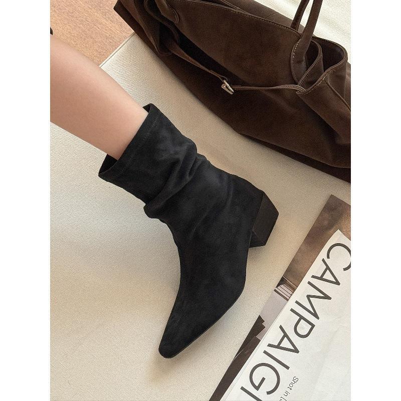 Autumn Slack! Khaki Pointed-tipped Pleated Booties Women's Autumn Suede Thick-heeled Martin Boots