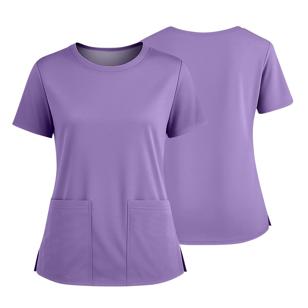 Dámská módní barevná kulatý výstřih kapsa krátký rukáv košile s rozparkem spodní lem uniforma a pracovní top