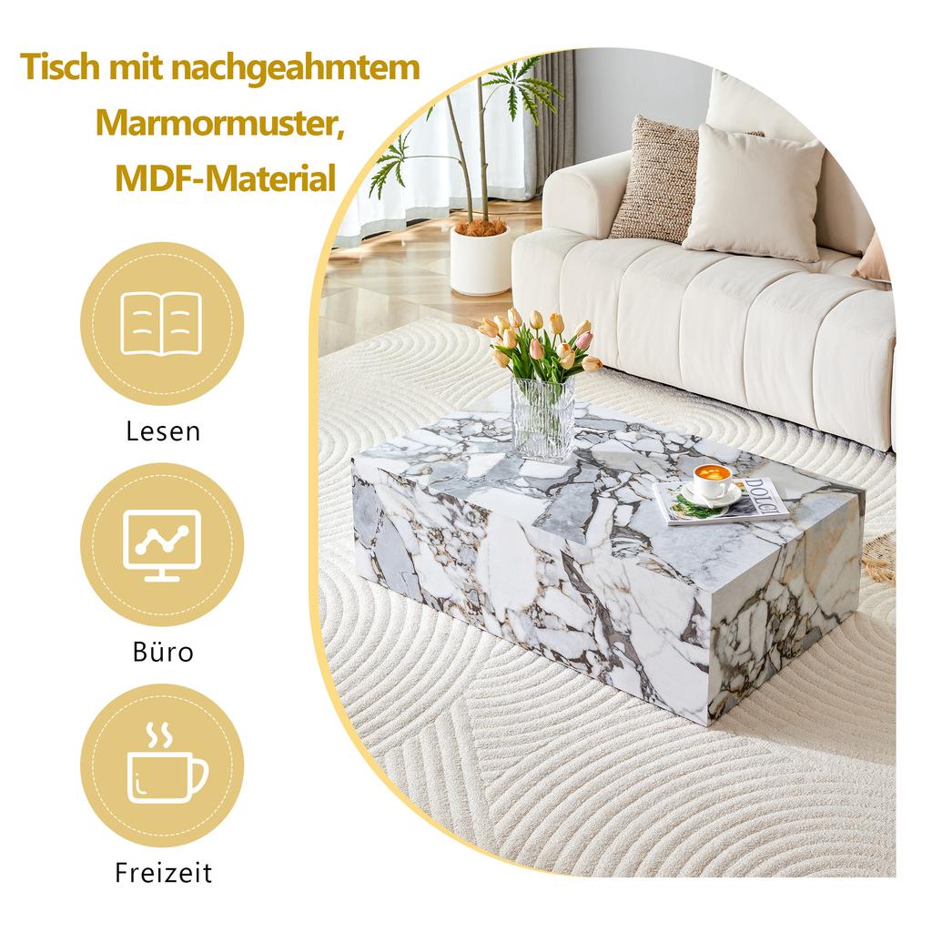 Weißer rechteckiger Couchtisch, Marmor-Imitat-Textur, 90×50×30 cm, MDF, keine Montage erforderlich. Luxuriös, skandinavischer, nordeuropäischer Stil.