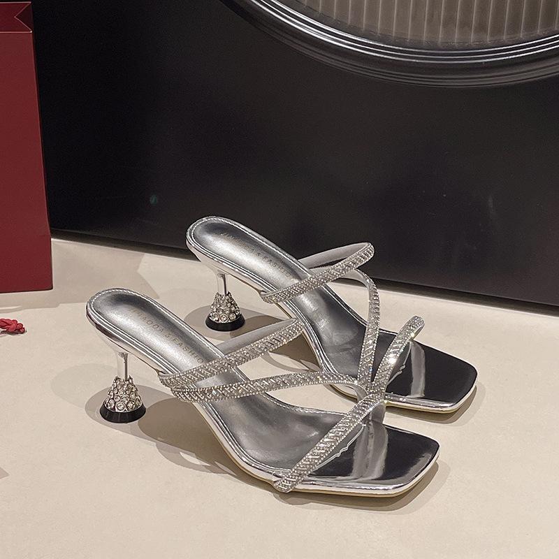 Rhinestone High-heeled Slippers Women's Summer Outer Wear Fashion 2025 New Models with Skirts Fitting Room Stiff Heel with Slippers