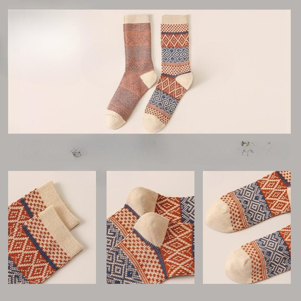 Winter Socks for Women, Mid-calf, Ethnic Style, Retro Girls, Versatile, Warm, Double-needle, Double-path Socks