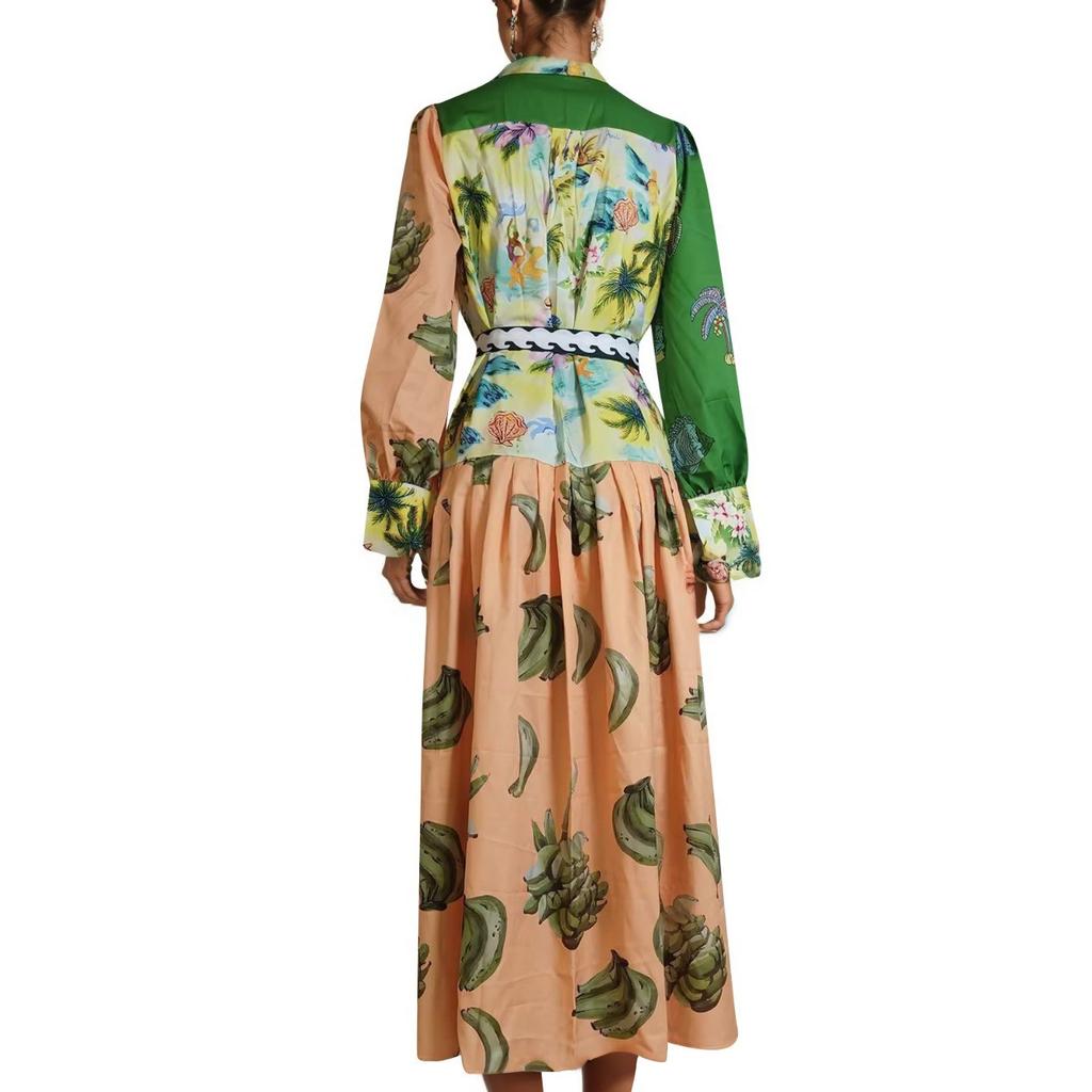 Women's Spring  Fashion Bohemian  Printed Tie High Waist  Long Sleeve V-Neck Waist Dresses