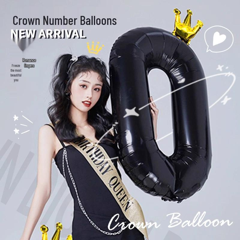 40-Inch Black Crown Number Balloons - Birthday Photo Props & Party Decor