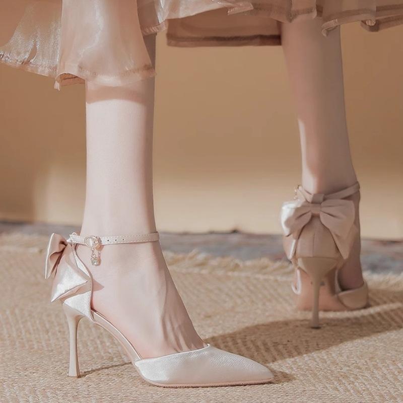 High Heels Women's Summer 2024 New Beautiful Pointed Wedding Shoes Bride Satin Hollow Shallow Mouth Stiletto Sandals Women