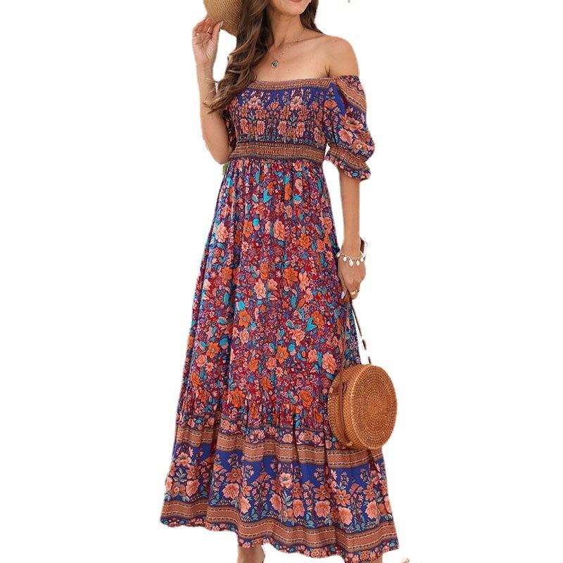 Bohemian Beach Vacation Off Shoulder Puff Sleeve Vintage Comfortable Fashion Dress