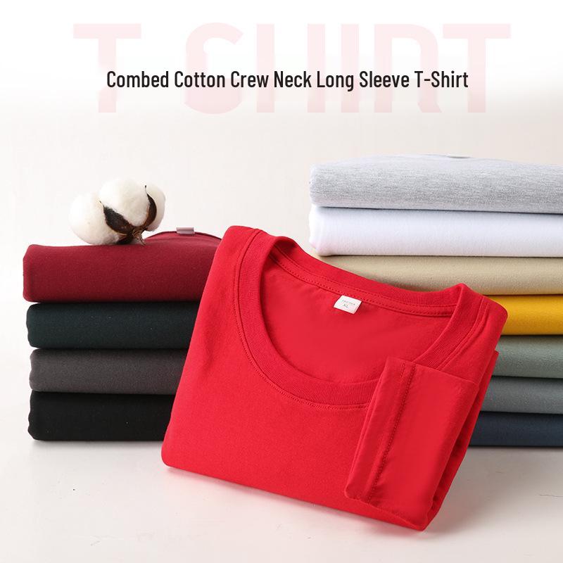 Men's Plus Size Crew Neck Long Sleeve Combed Cotton T-shirt - Solid Color, Spring/Autumn Style