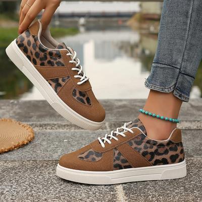 Women's New Flat Leopard Lace-laced Casual Sneakers Women's Large-size Low-top Single Shoes Cross-border Running Shoes