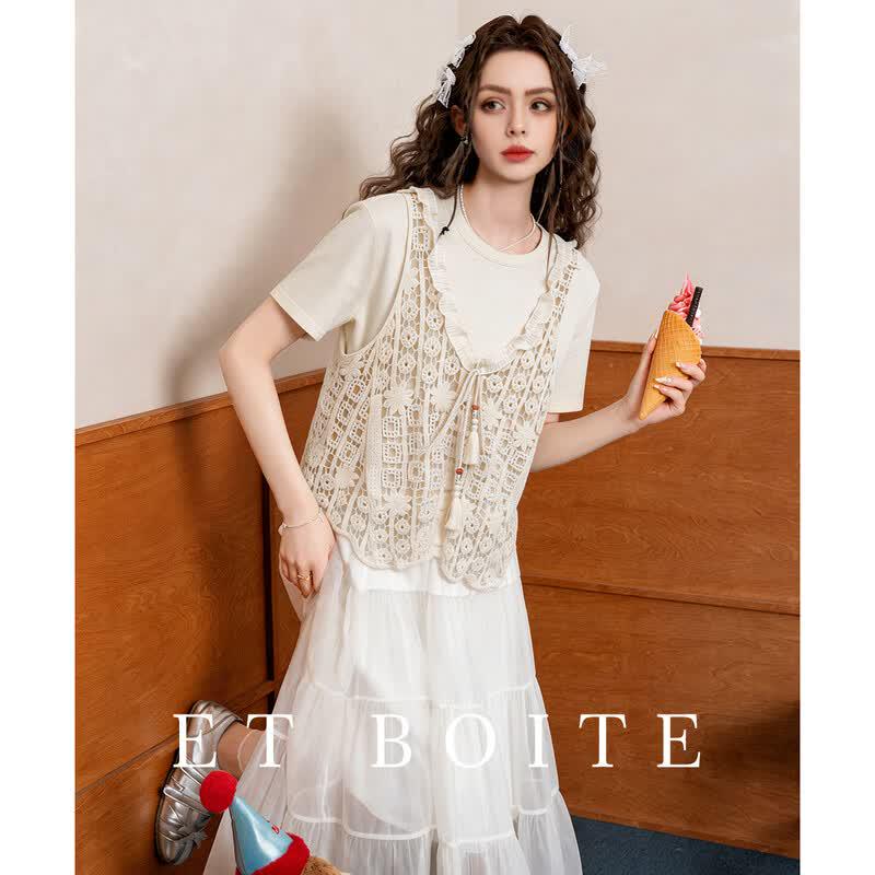 ET BOITE 2026 Layered Hollow-Out Tee Vest Set One Size бежевый
