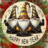 Celebrate The New Year Wooden Ornament with Gnomes Pattern - Happy New Year Round Sign for Front Door, Wall Hanging Decor