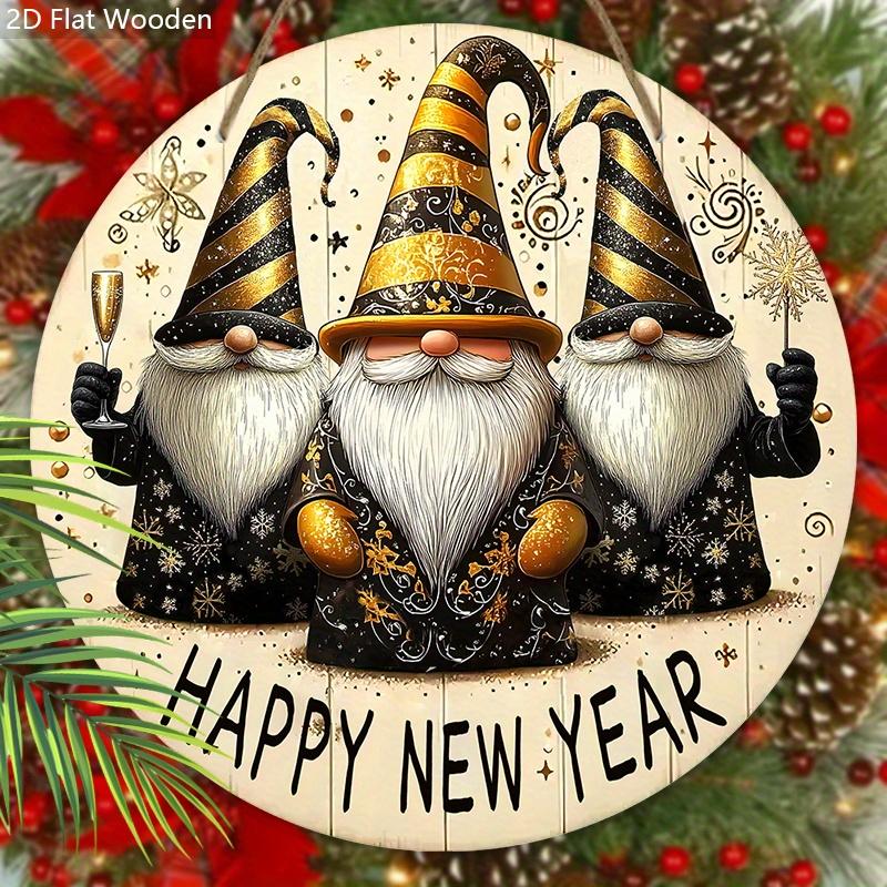 Celebrate The New Year Wooden Ornament with Gnomes Pattern - Happy New Year Round Sign for Front Door, Wall Hanging Decor