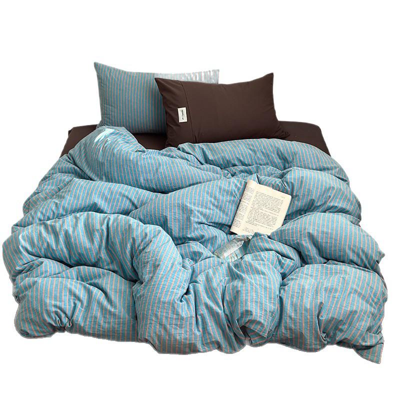 Literary Wabi-sabi Cotton Striped Bedding Set - Three-Piece Dormitory Duvet Cover with Fitted Sheet